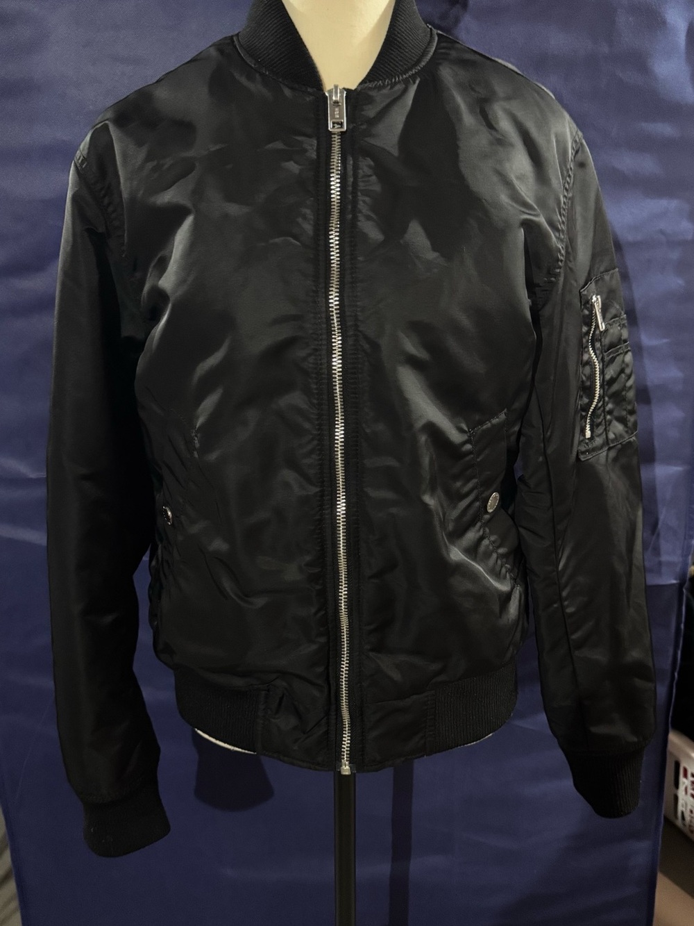 H&M Black Men's Bomber Jacket with Zip Pocket Sleeve